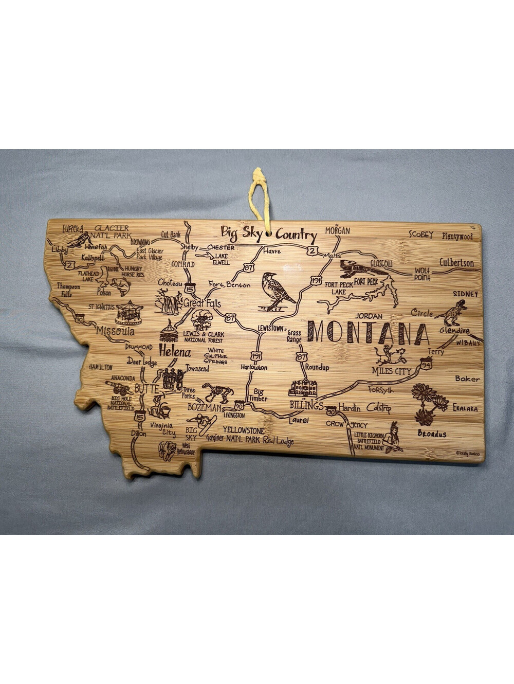 Large Montana Map Bamboo Cutting Board w/ Non-Slip Feet & Hanging Hole